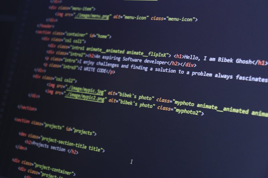 A detailed close-up of a computer screen displaying code, featuring lines of HTML with tags such as <h1>, <div>, and <img>, highlighted with various colours. The code includes image source links like